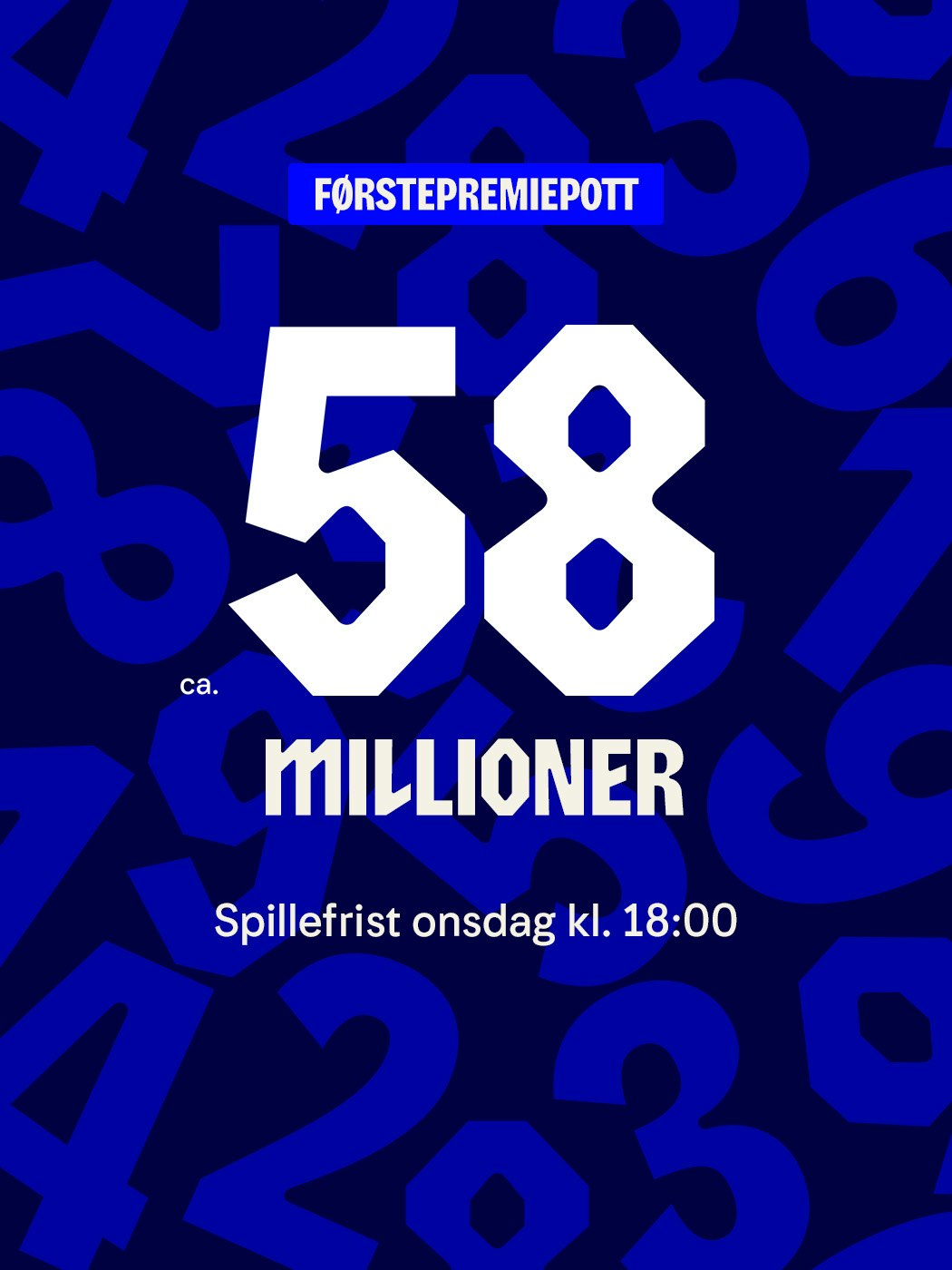 Vikinglotto: ca. 58 millioner i førstepremiepotten. Vinnersjanse 1: 61 mill. pr rekke. Spill Vikinglotto her