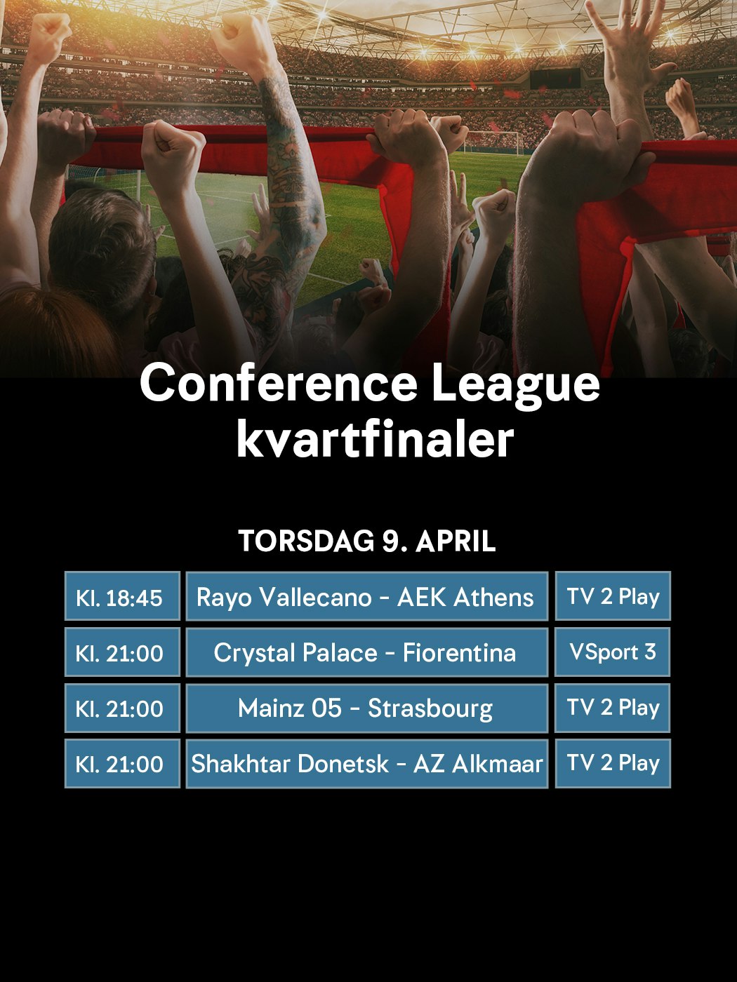 Oddsen: Conference League kvartfinaler torsdag 9 april. Se mer her