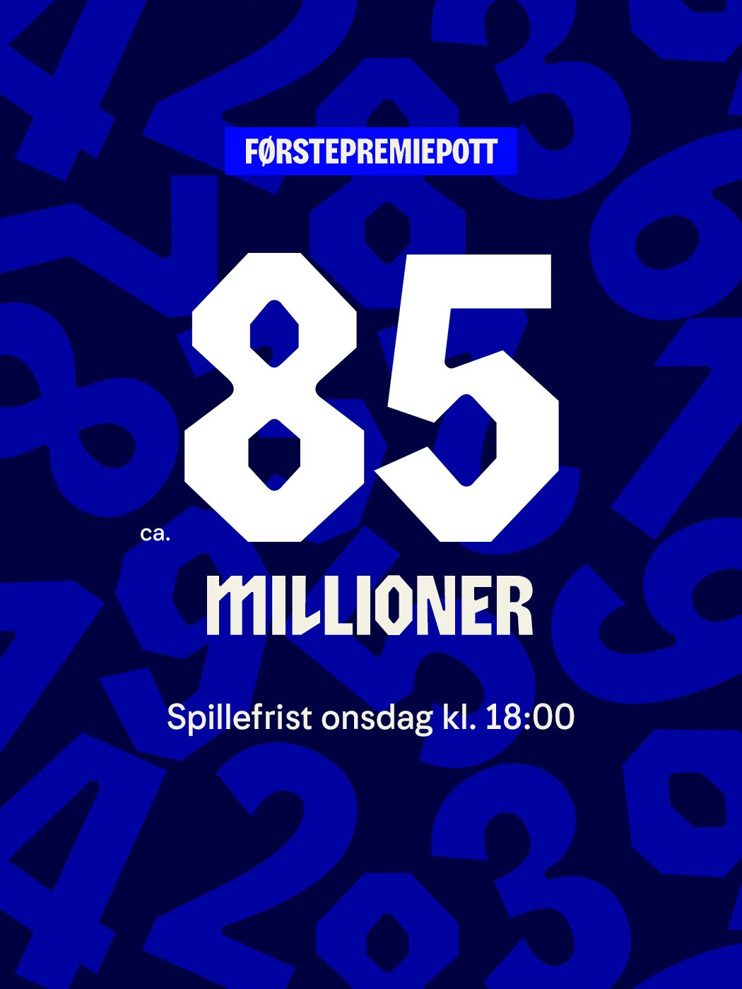 Vikinglotto: Cirka 85 millioner i førstepremiepotten. Spillefrist onsdag kl. 18. Vinnersjanse 1. premie: 1:61 mill. pr rekke. Spill Vikinglotto her
