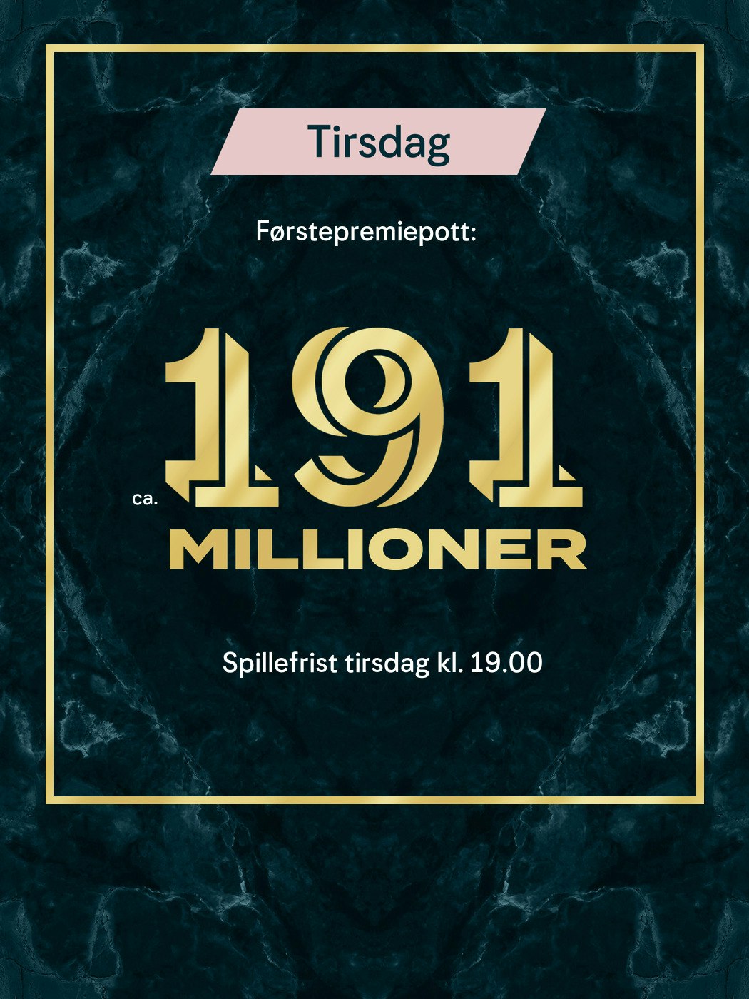 Eurojackpot fredag. Førstepremiepott ca 191 millioner, Spillefrist fredag kl. 19:00. Vinnersjanse 1. premie: 1:140 mill. per rekke - Hjelpelinjen.no. Spill her