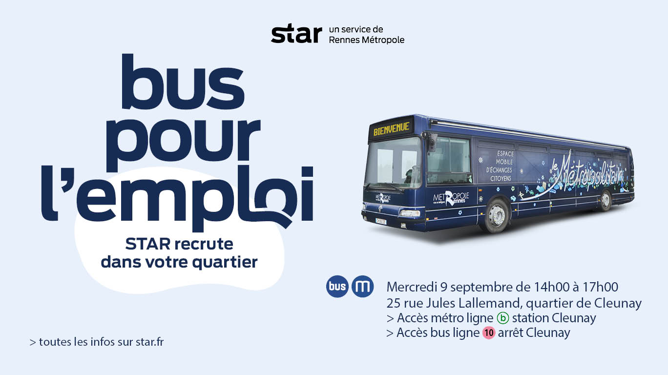 image descriptive bus pour l'emploi mercredi 9 septembre 14h à 17h 25 rue Jules Lallemand, quartier Cleunay