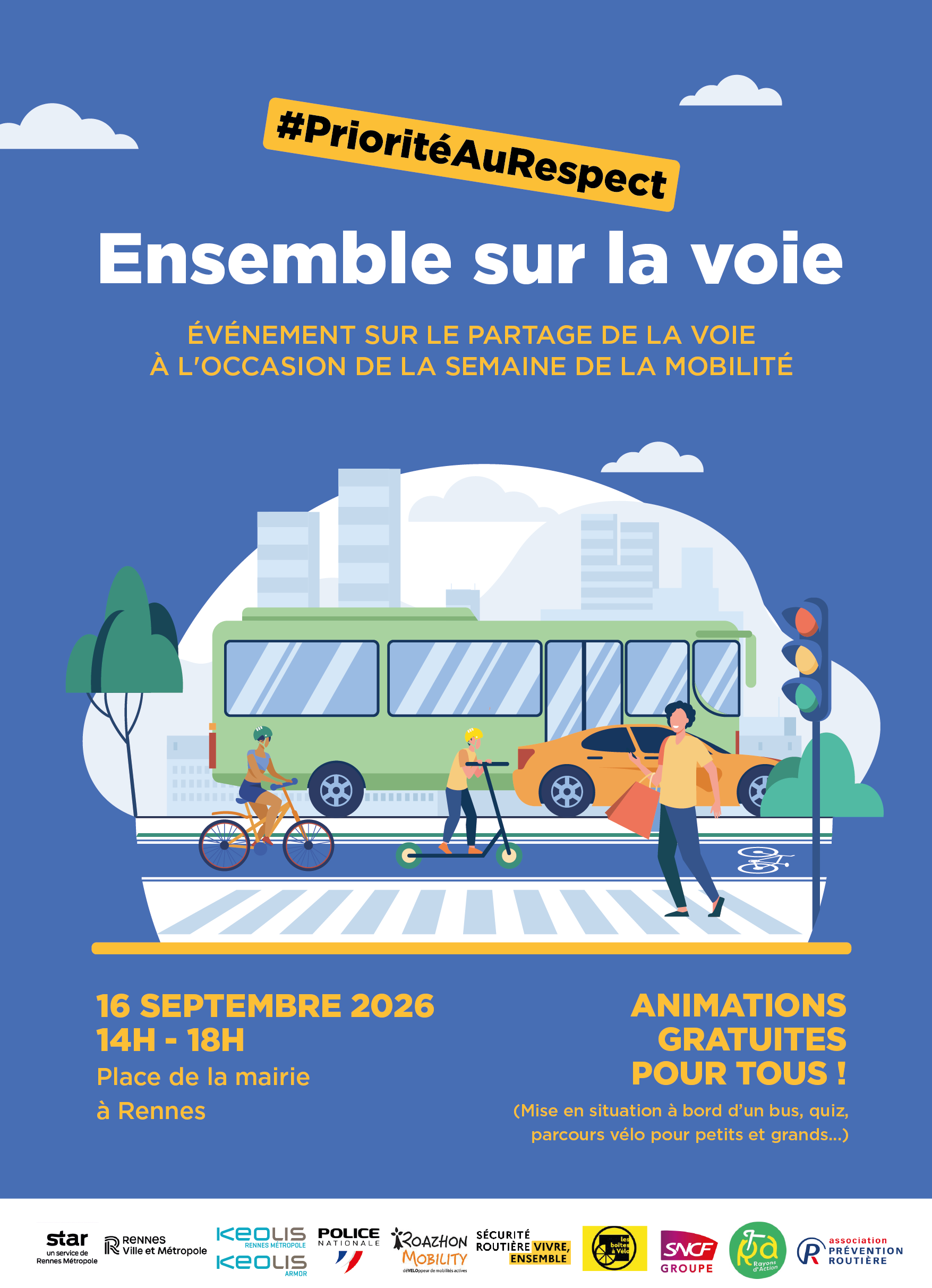 Affiche promotionnelle pour l'événement « Ensemble sur la voie » organisé à Rennes à l'occasion de la Semaine de la mobilité.