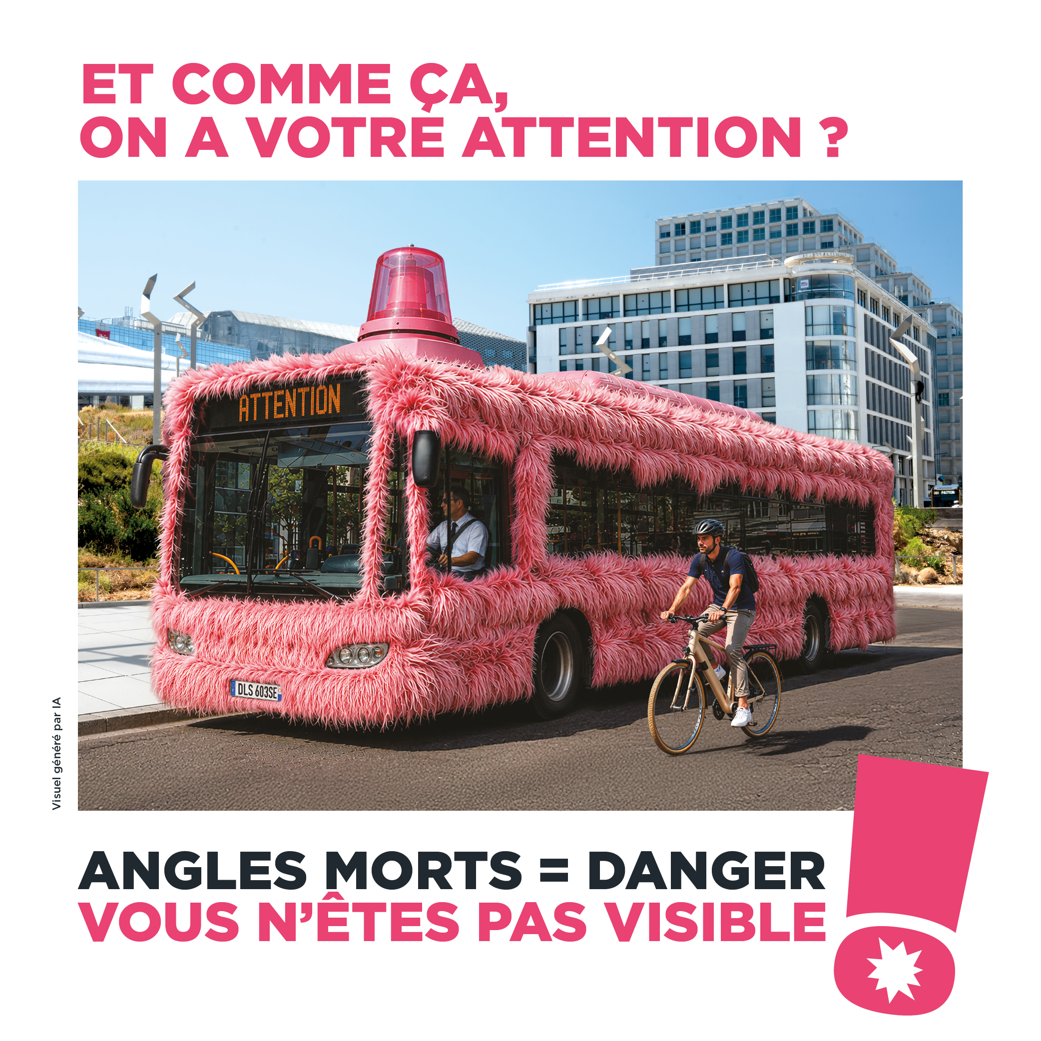 Visuel de la campagne de sensibilisation textes: Et comme ça on a votre attention ? Angles morts = Danger vous n'êtes pas visibiles !