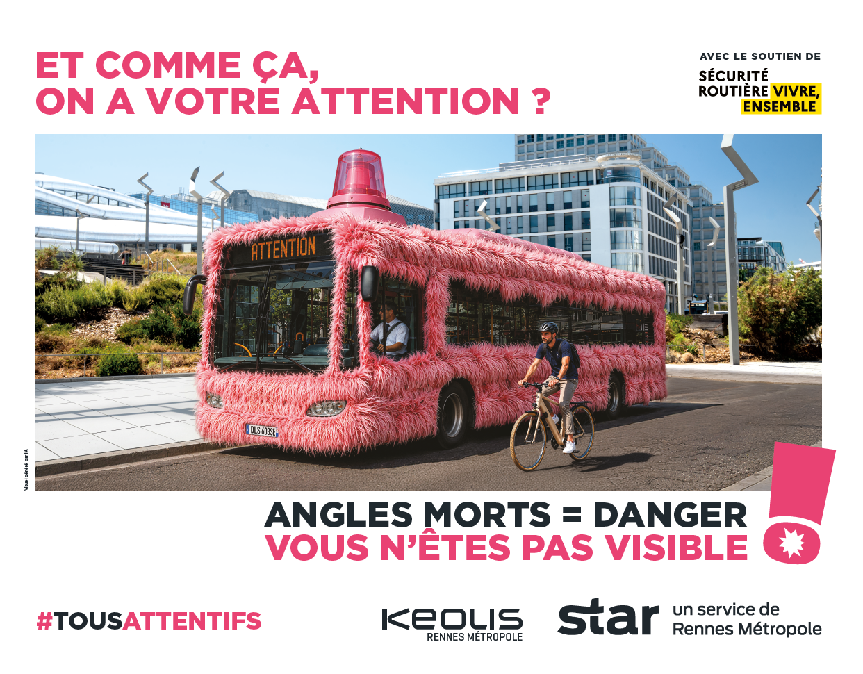 Affiche de sensibilisation de Keolis Rennes Métropole alertant sur le danger des angles morts pour les cyclistes.