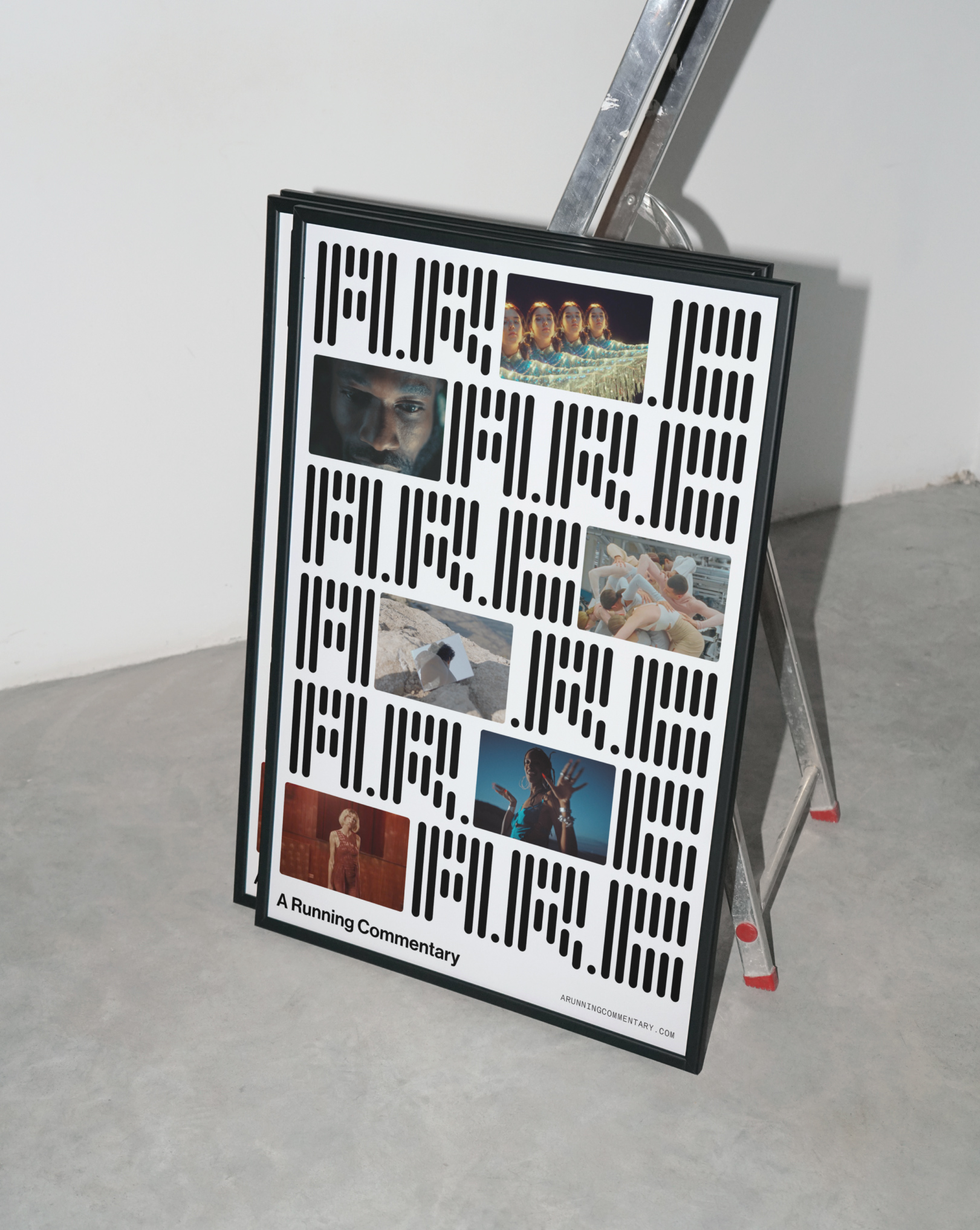 Two Times Elliott — A Running Commentary — framed A Running Commentary poster leaning on a ladder against a white wall, showing a grid of dash-mark glyphs interspersed with small film stills