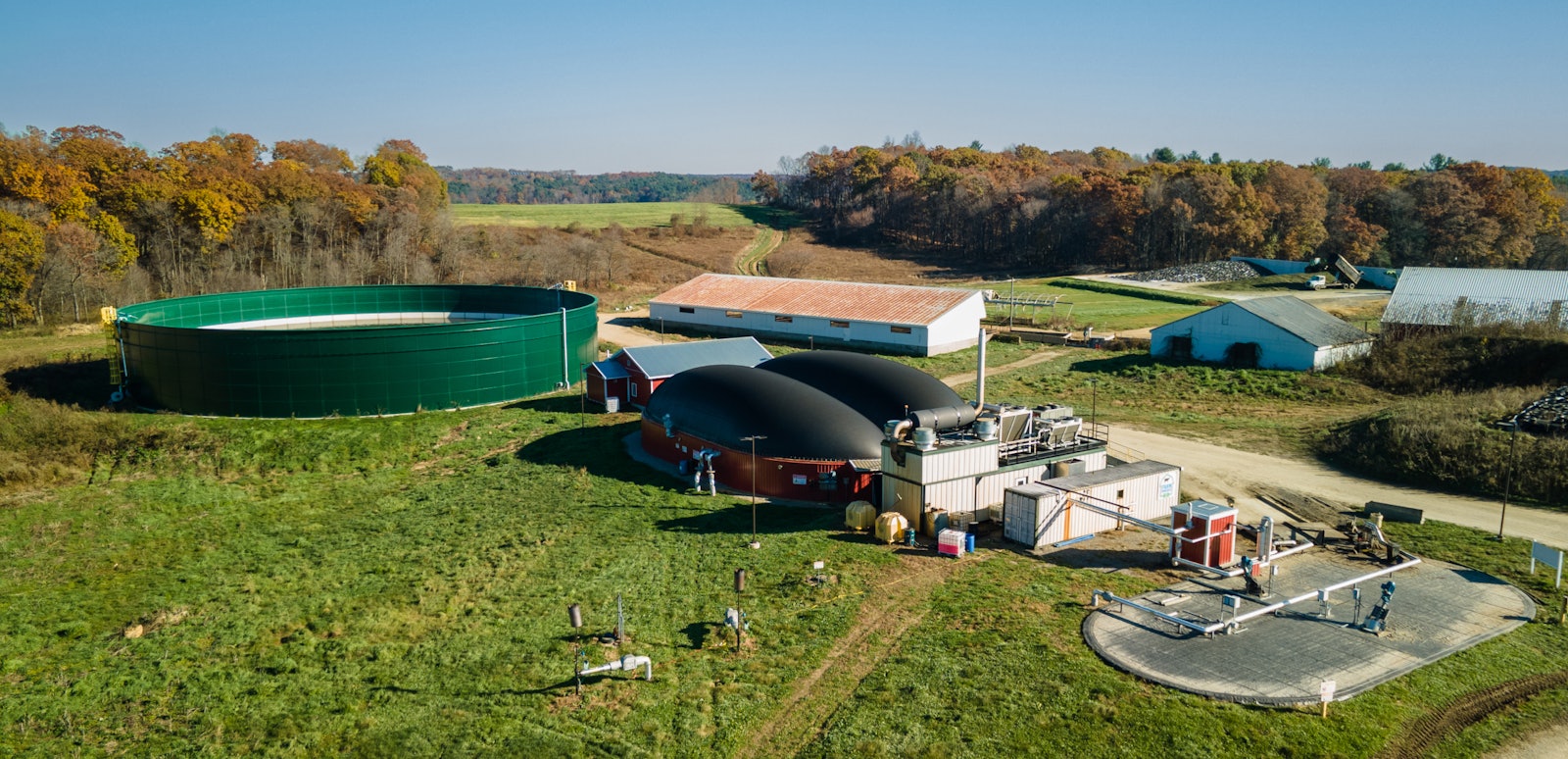 Anaerobic digestion facility on a farm, generating renewable energy from food waste recycling