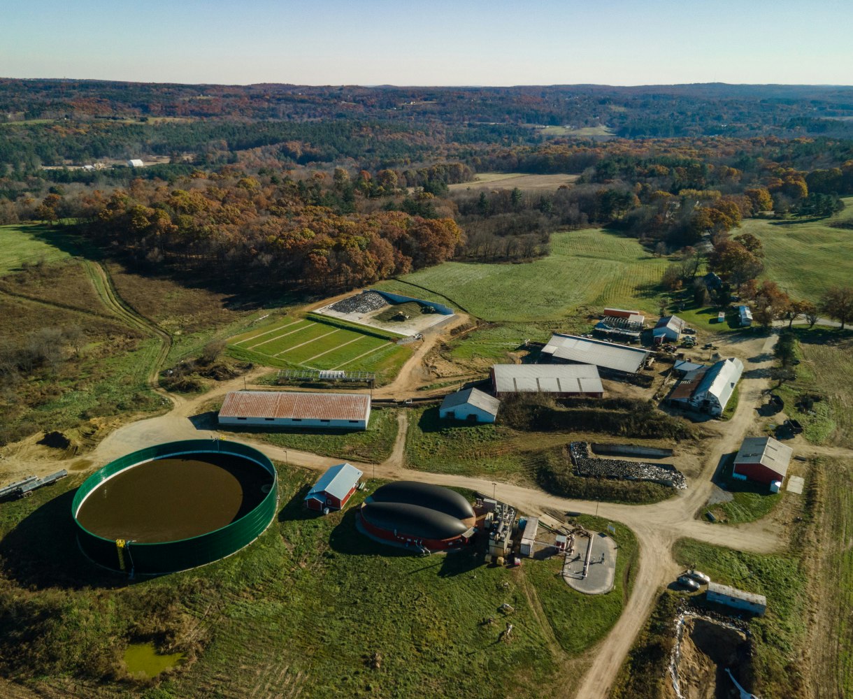 Anaerobic digestion facility on a farm, generating renewable energy from food waste recycling