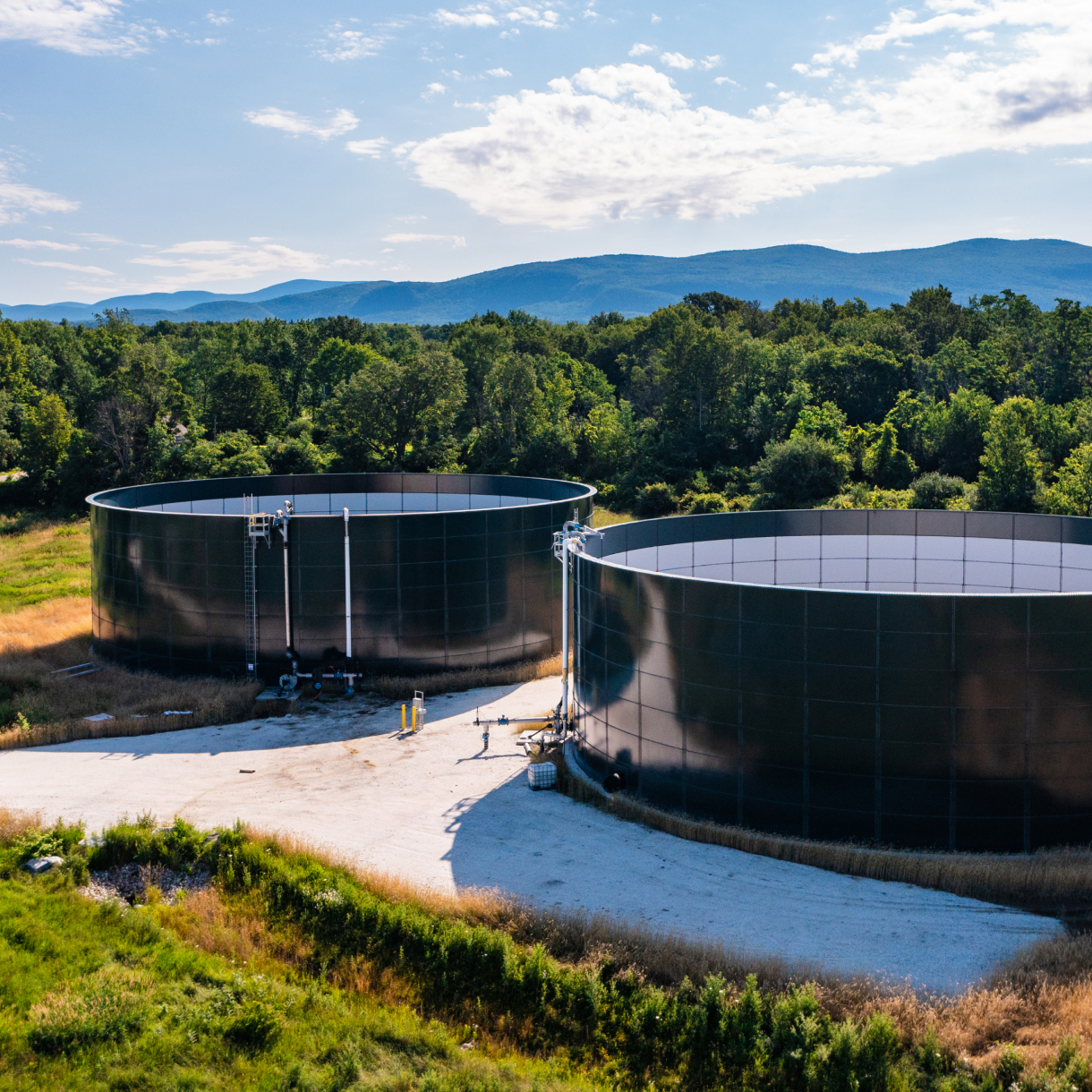 Liquid digestate tank holding low-carbon fertilizer from farm powered anaerobic digestion