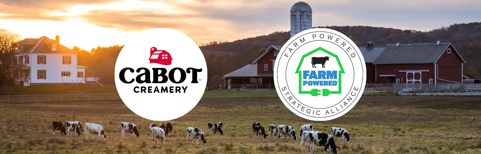 Logos of Cabot Creamery and Farm Powered Strategic Alliance, with a background image of a farm using anaerobic digestion