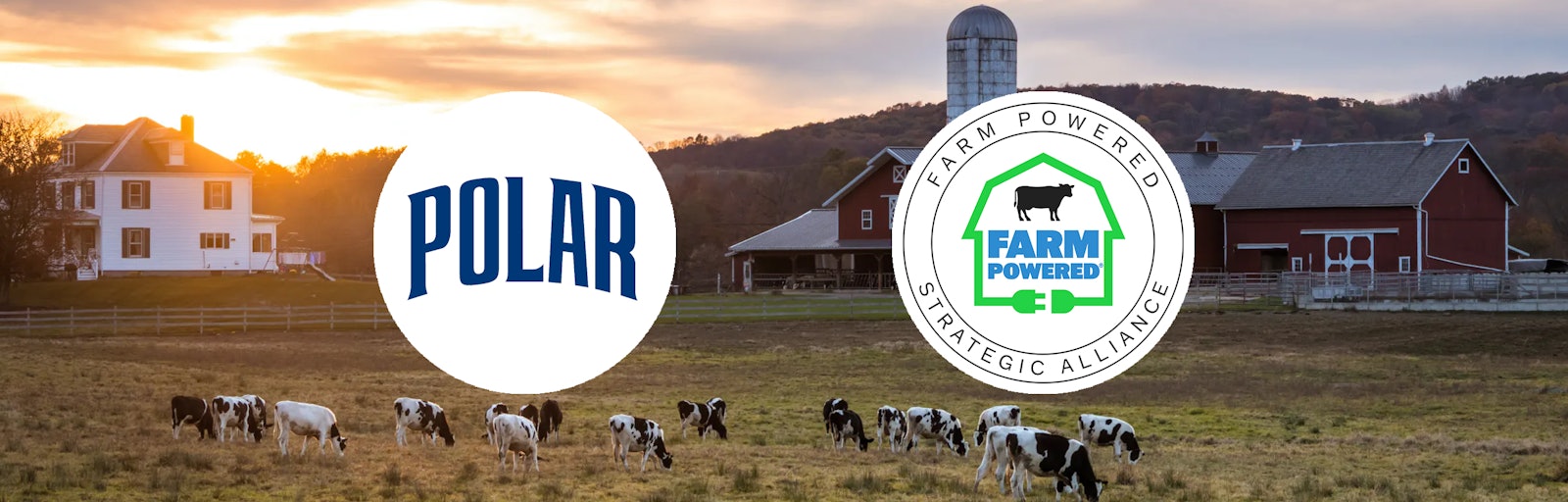 Logos of Polar and Farm Powered Strategic Alliance, with a background image of a farm using anaerobic digestion