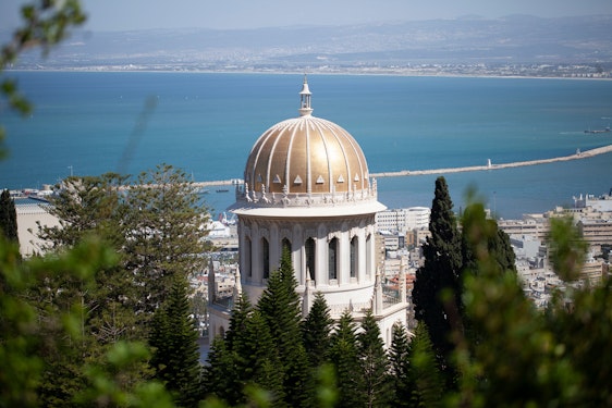 The Shrine of the Báb with the Bay of Haifa in the background