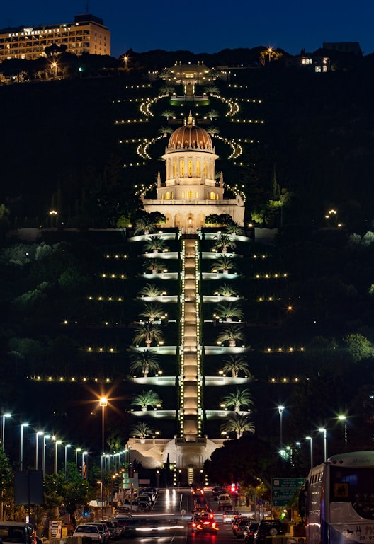 The Shrine of the Báb sits in the middle of the 19 magnificent terraces, which are at times illumined at night.