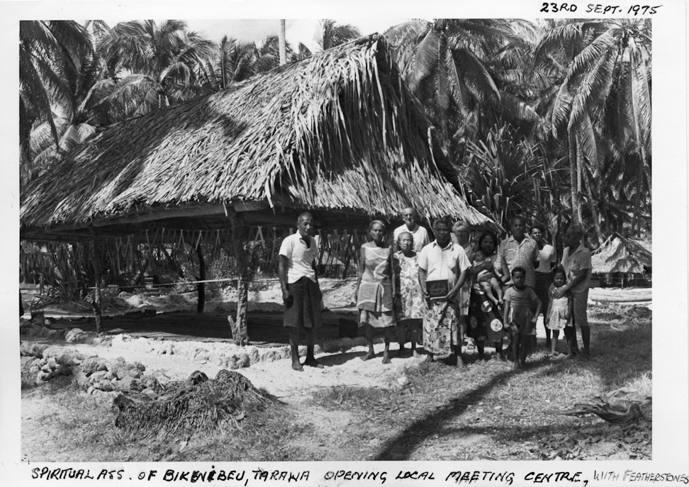 Hand of the Cause Collis Featherstone and Mrs. Featherstone with the Local Spiritual Assembly of the Bahá’ís of Tarawa, Kiribati, 1975