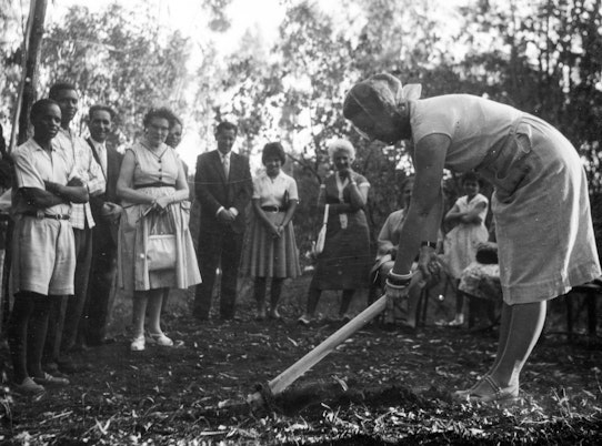 Hand of the Cause Amatu’l-Bahá Rúhíyyih Khánum performing the groundbreaking ceremony for the future Bahá’í Centre, Nairobi, Kenya, c. 1961