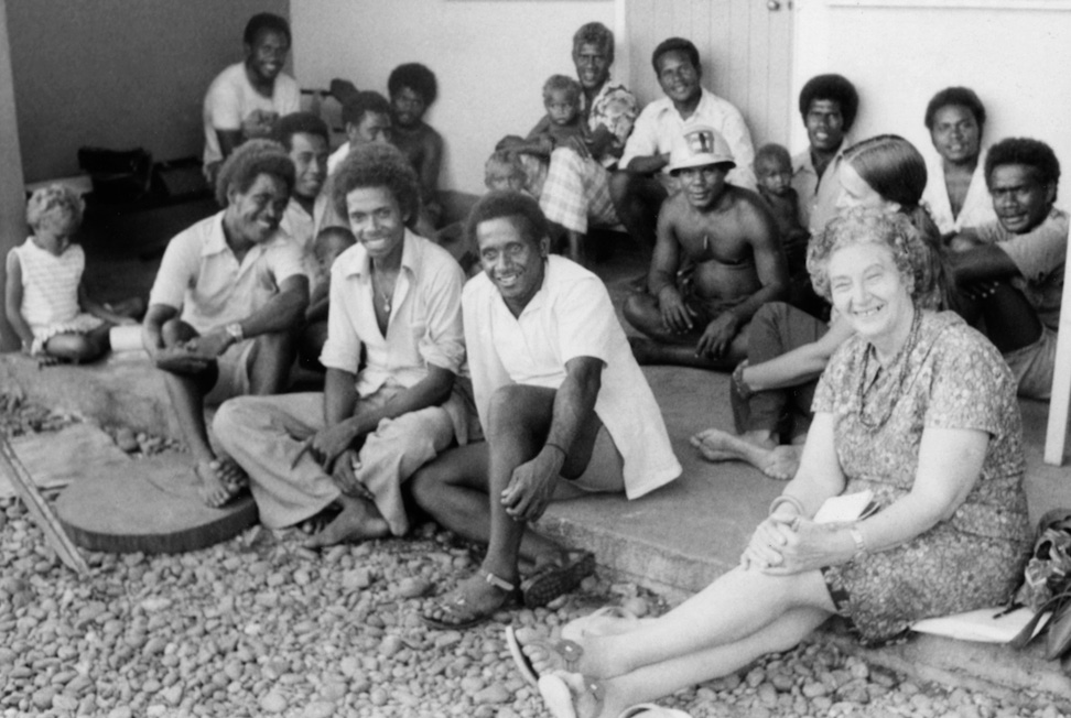 The Bahá’ís of Ngalibui with Gertrude Blum (at front, right) and Barbara Hunt (partly obscured), 1977