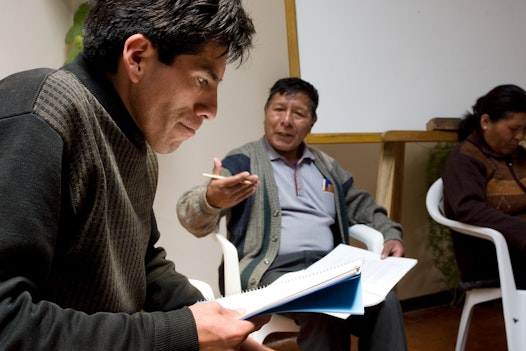 A Bahá’í study circle at the Baha'i Radio station in Oruro-Caracollo, Bolivia