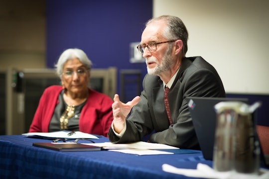 Bahá’í representative (right) and Alia Hogben (left), director of the Canadian Council of Muslim Women, in a panel discussion at the <q>Our Whole Society: Bridging the Religious-Secular Divide</q> conference, held 22-24 March 2015 at the University of British Columbia in Vancouver, Canada