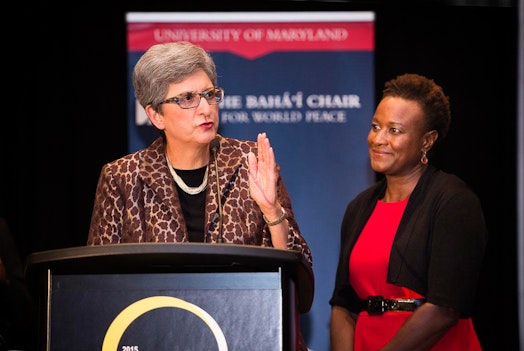 Dr. Hoda Mahmoudi (left), holder of the Baha'i Chair for World Peace, addresses the audience of the Global Transformations conference at the University of Maryland