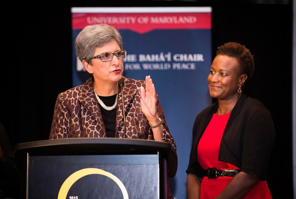 Dr. Hoda Mahmoudi (left), holder of the Bahá’í Chair for World Peace, addresses the audience of the Global Transformations conference at the University of Maryland