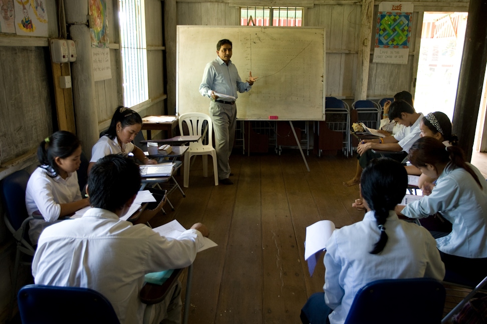 A class at University for Education and Development, a Bahá'í-inspired university run by Cambodian Organization for Research, Development and Education in Battambang, Cambodia