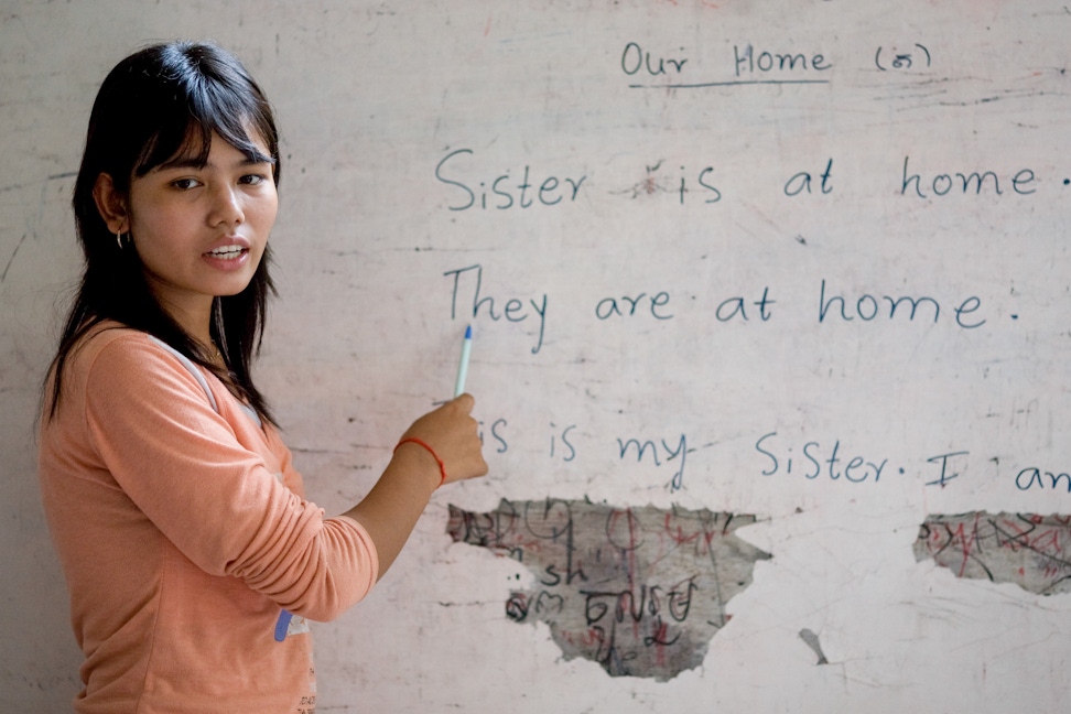 An English class at a CORDE Center of Learning established by Cambodian Organization for Research, Development and Education, a Bahá'í-inspired organization in Battambang, Cambodia, focused on education