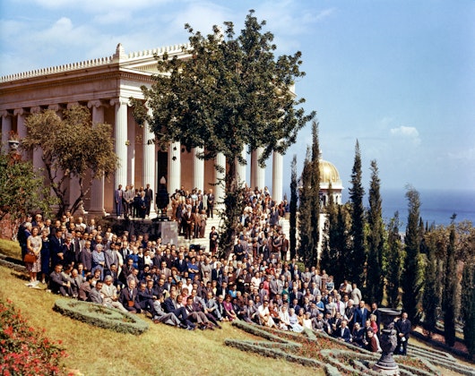 Delegates to the first International Bahá’í Convention in Haifa, in front of the International Archives Building, May 1963