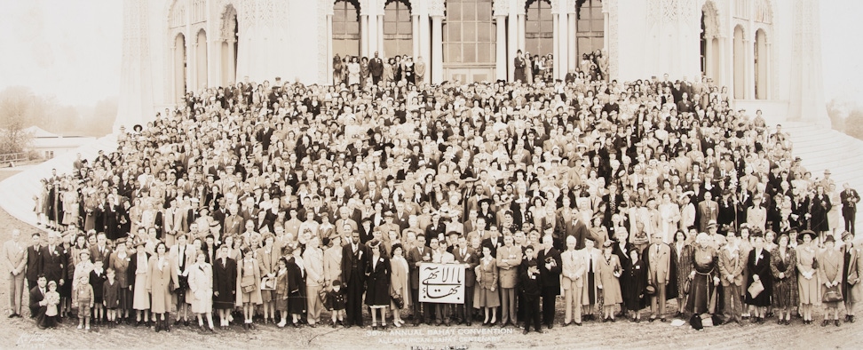 Participants of the National Convention in Wilmette, United States on the steps of the Continental Bahá’í House of Worship of North America, 1940s