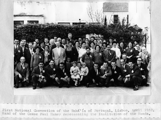 Participants of the first National Convention in Lisbon, Portugal, with Hand of the Cause Paul Haney, April 1962