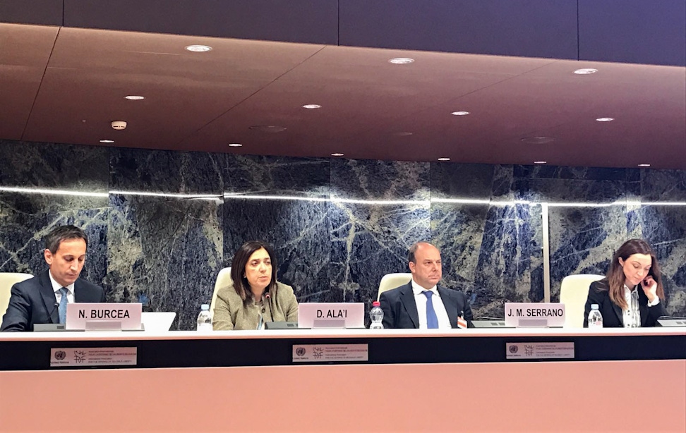 Diane Ala’i (second from left), representative of the Bahá’í International Community to the United Nations in Geneva, speaks at the Global Summit on Religion, Peace and Security, organized by the United Nations Office on Genocide Prevention and the Responsibility to Protect and the International Association for the Defense of Religious Liberty