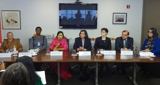 At the discussion hosted by the BIC, panellists from several prominent NGOs joined Bani Dugal, Principal Representative of BIC to the UN (center), in a panel discussion on the economic structure of society, the role of the family, and the period of youth as they relate to gender equality