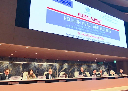 Diane Ala’i, representative of the Bahá’í International Community to the United Nations in Geneva, speaks at the Global Summit on Religion, Peace and Security, organized by the United Nations Office on Genocide Prevention and the Responsibility to Protect and the International Association for the Defense of Religious Liberty