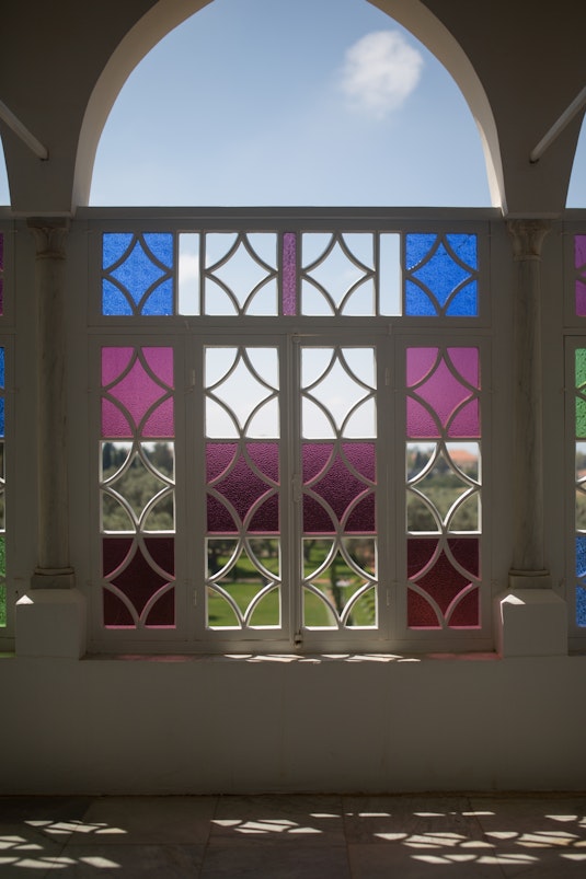 Stained glass on the balcony of the Mansion of Bahjí