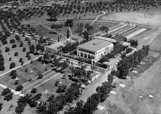 Aerial view of Shrine of Bahá’u’lláh, Mansion of Bahjí and surrounding gardens, 1954