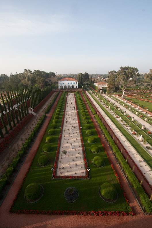Aerial view of the Shrine of Bahá’u’lláh, Mansion of Bahjí and surrounding gardens