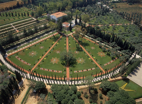 Aerial view of the Shrine of Bahá’u’lláh, the Mansion of Bahjí, and surrounding gardens
