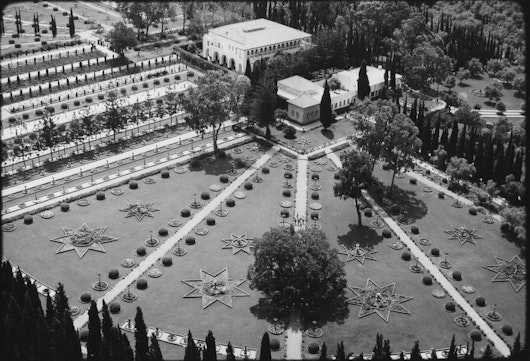 Aerial view of the Shrine of Bahá’u’lláh, Mansion of Bahjí and surrounding gardens, 1976