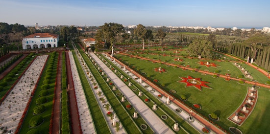Aerial view of the Shrine of Bahá’u’lláh, Mansion of Bahjí and surrounding gardens
