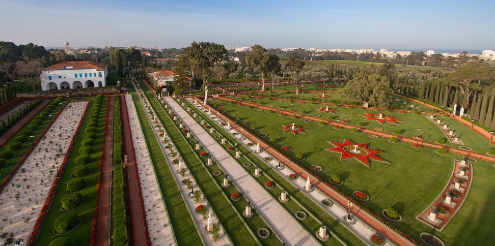 Aerial view of the Shrine of Bahá’u’lláh, Mansion of Bahjí and surrounding gardens