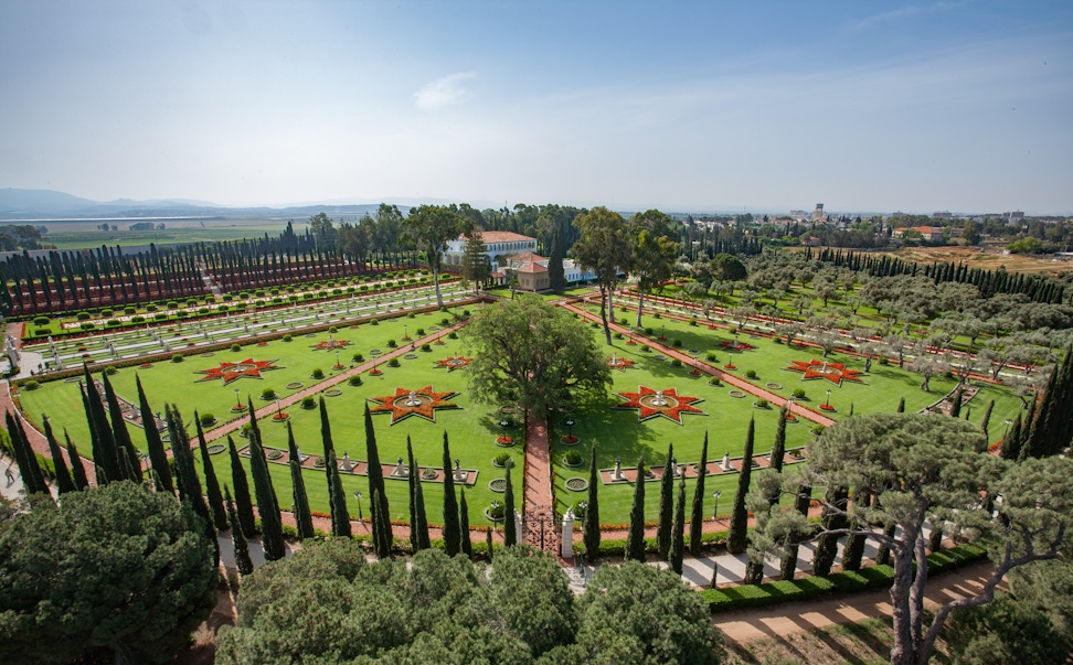 Aerial view of the Shrine of Bahá’u’lláh, Mansion of Bahjí and surrounding gardens