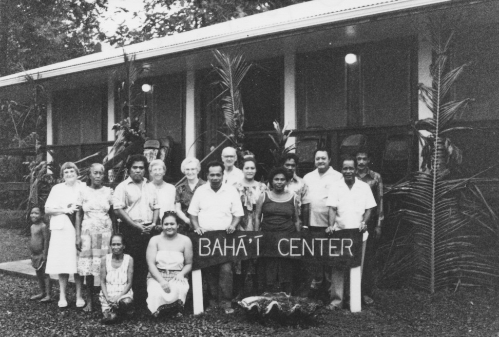 Dedication of the National Bahá’í Centre in Ponape, Caroline Islands with Hand of the Cause Collis Featherstone and a group of Bahá’ís, 23 March 1981