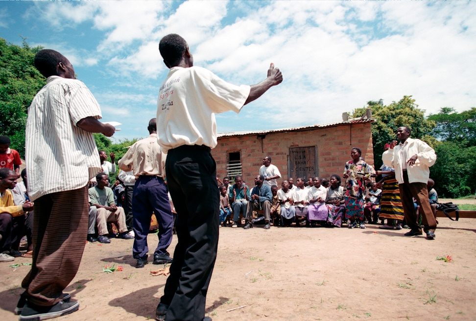 A community gathering at the Local Bahá’í Centre in Ntambo, Zambia