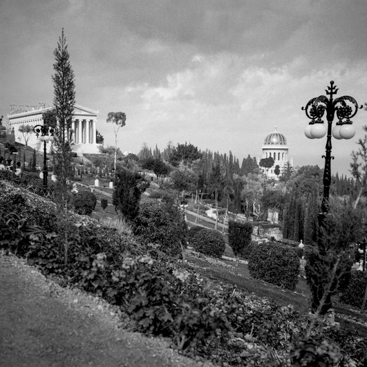 International Archives Building (left), Shrine of the Báb (right) and surrounding gardens, c. 1957-1958