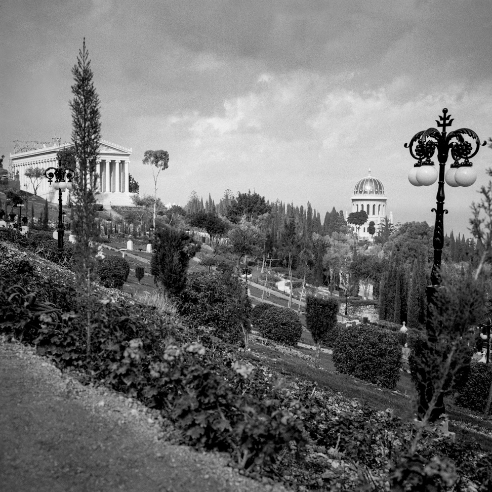 International Archives Building (left), Shrine of the Báb (right) and surrounding gardens, c. 1957-1958