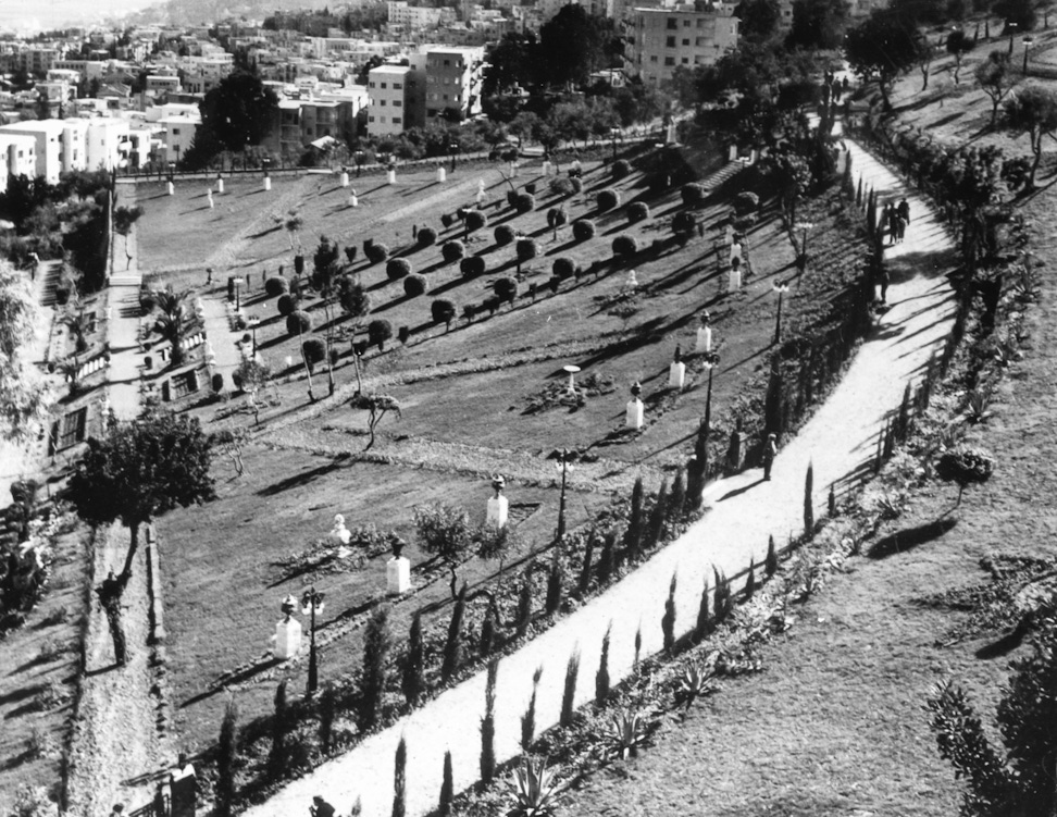 View of the Arc path and surrounding gardens, 1957