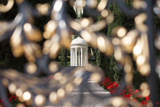 Resting Place of the Greatest Holy Leaf, (Bahíyyih Khánum), the daughter of Bahá’u’lláh, in the Monument Gardens, as seen through the gate entrance