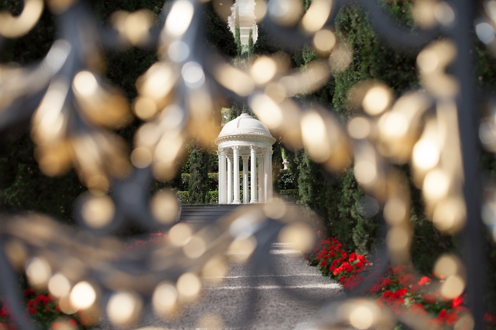 Resting Place of the Greatest Holy Leaf, (Bahiyyih Khánum), the daughter of Bahá’u’lláh, in the Monument Gardens, as seen through the gate entrance