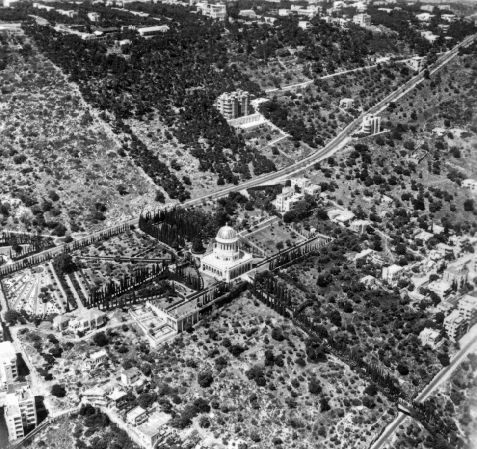 Aerial view of the Shrine of the Báb and surrounding gardens, 1954