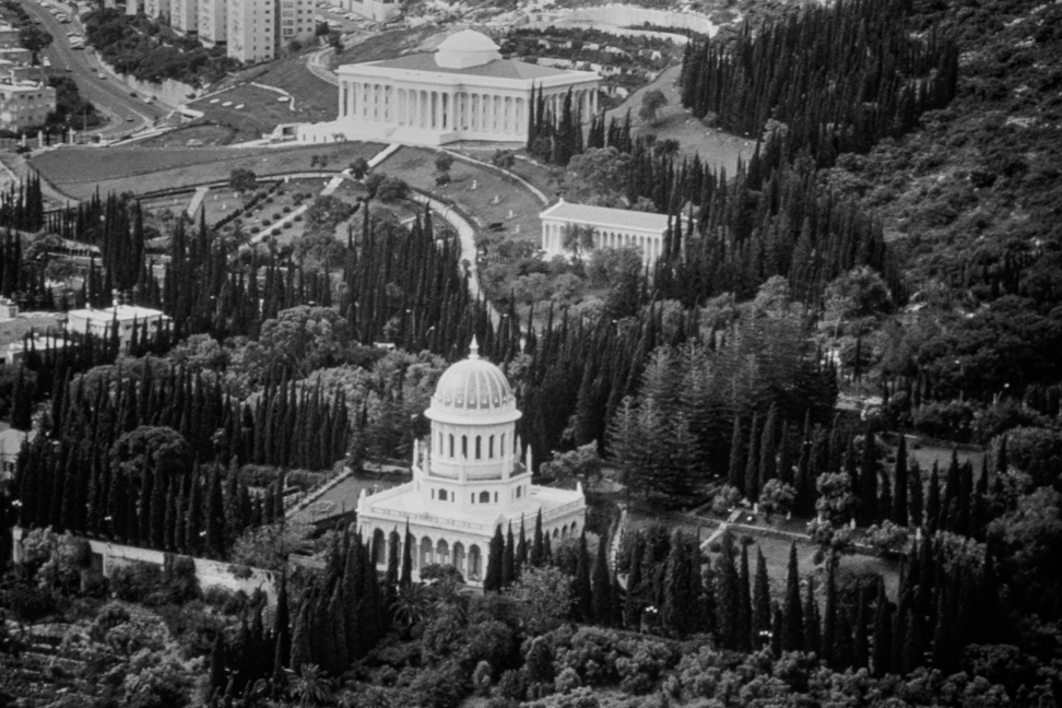 Aerial view of the Shrine of the Báb and surrounding gardens, 1985