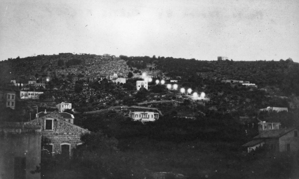 Lights on path below the Shrine of the Báb, 1920s