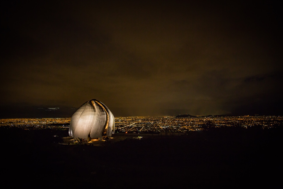 Continental Bahá’í House of Worship of South America (Santiago, Chile) with Santiago in the distance